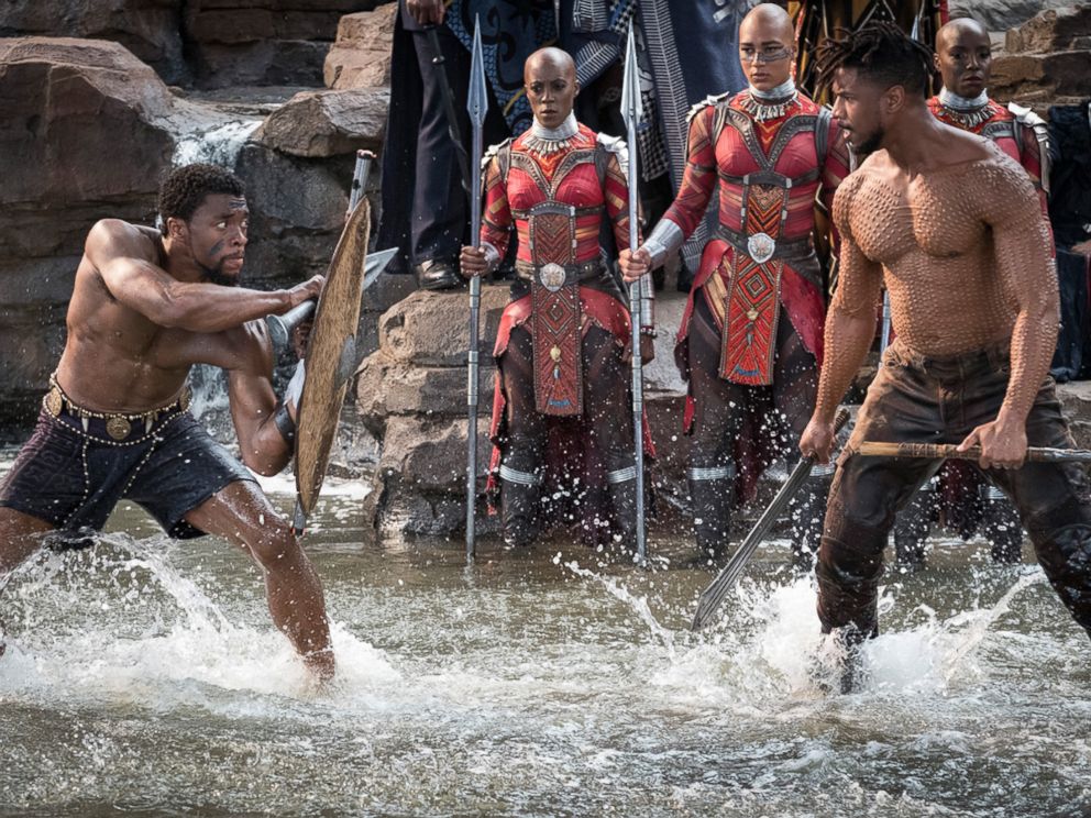 PHOTO: Chadwick Boseman and Michael B. Jordan in a scene from Black Panther, 2018.