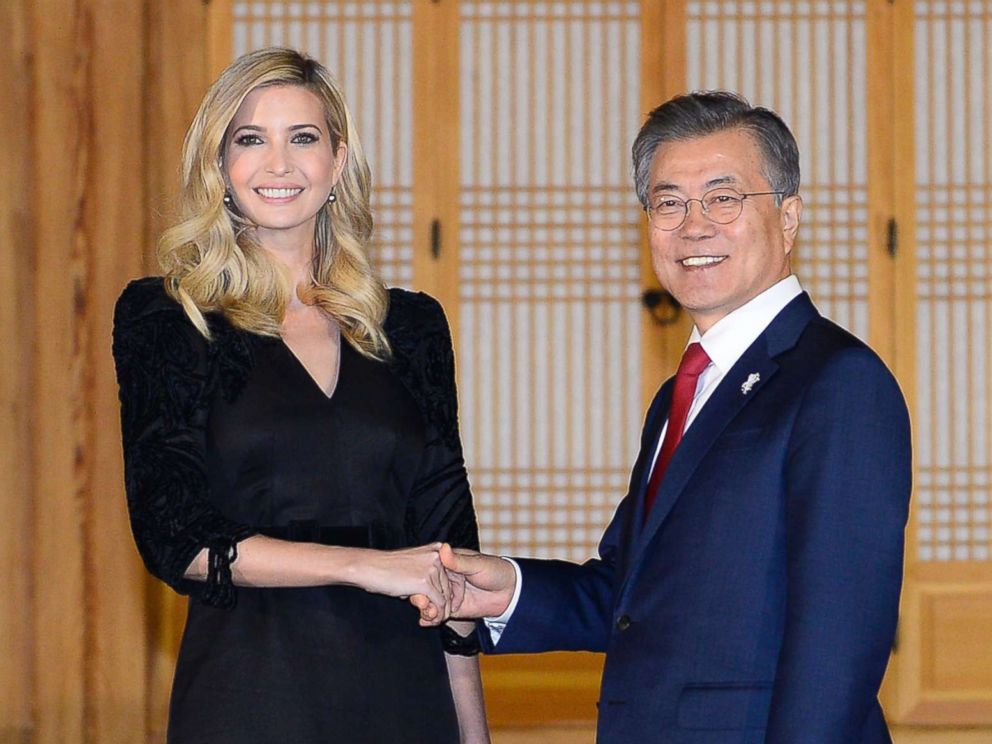 PHOTO: Ivanka Trump shakes hands with South Korean President Moon Jae-in during their dinner at the Presidential Blue House, Feb. 23, 2018, in Seoul, South Korea.