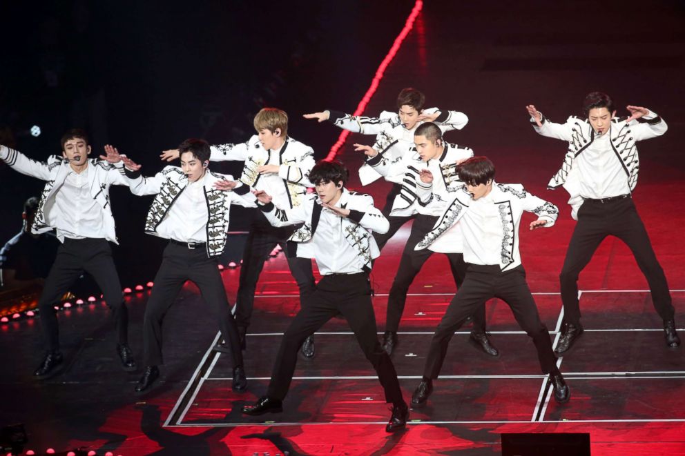 PHOTO: South Korean boy group EXO perform onstage during their The ElyXiOn concert, Feb. 10, 2018, in Taipei, Taiwan.
