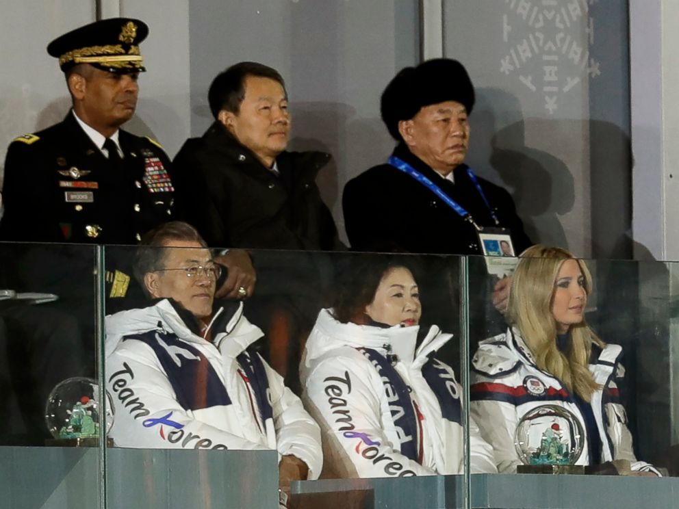 PHOTO: Kim Yong Chol, vice chairman of North Koreas ruling Workers Party Central Committee, back right, watches the closing ceremony with South Korean President Moon Jae-in, left, Moons wife Kim Jung-sook, and Ivanka Trump, Feb. 25, 2018.
