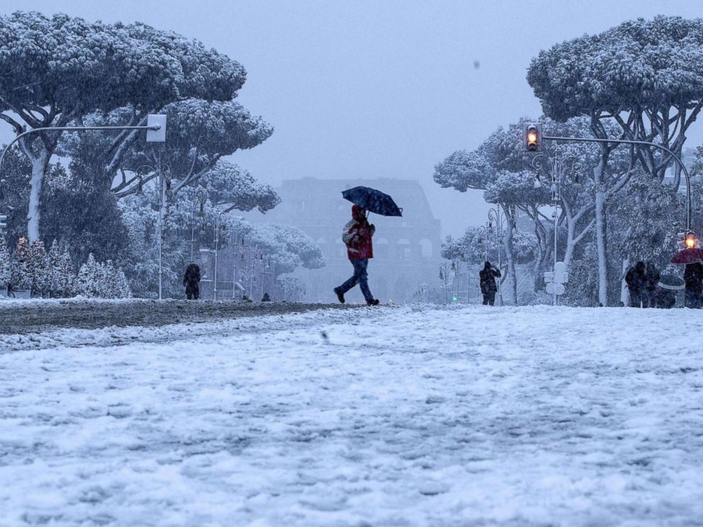 PHOTO: The Fori Imperiali covered by snow during a snowfall in Rome,Feb. 26, 2018.