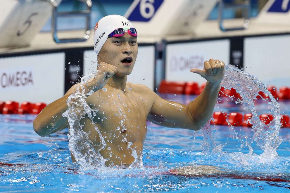 PHOTO: Yang Sun of China celebrates winning gold in the Mens 200m Freestyle Final on Day 3 of the Rio 2016 Olympic Games at the Olympic Aquatics Stadium, Aug. 8, 2016, in Rio de Janeiro, Brazil. 