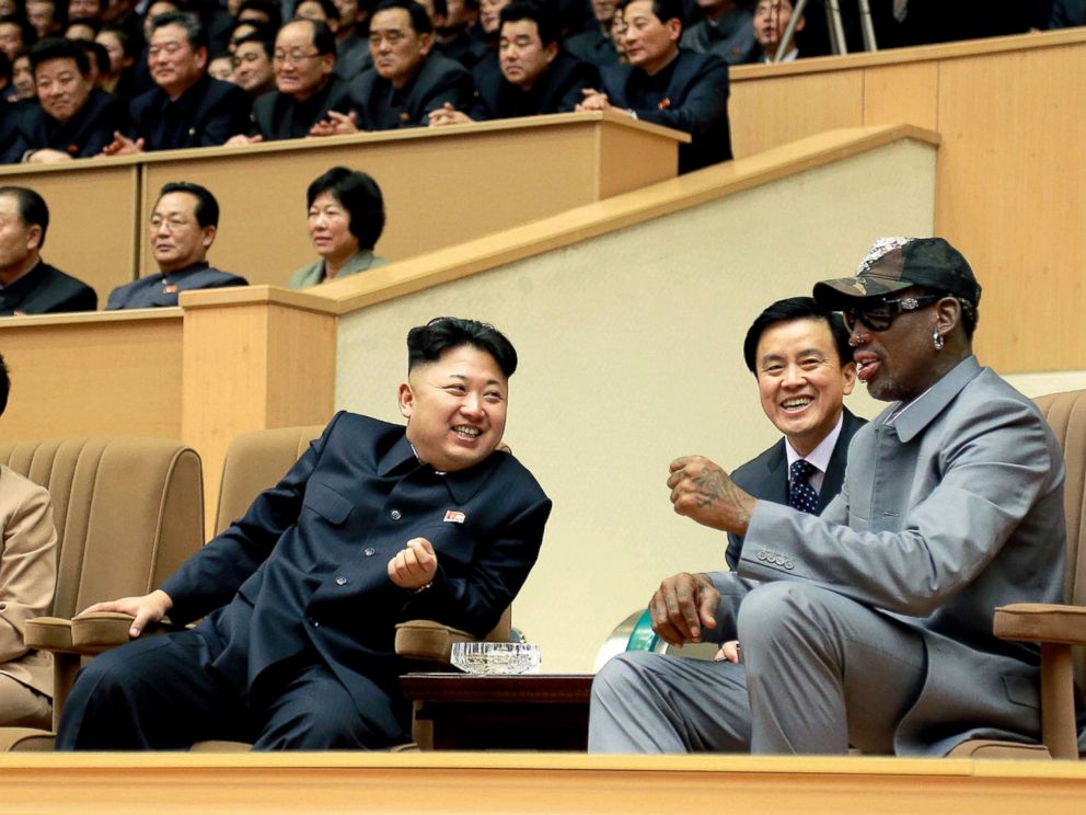 PHOTO: The game of basketball has played an important role in the diplomatic relations with the North Korean leadership. Former Bulls star Dennis Rodman and Kim Jong Un at an exhibition basketball game between U.S. and North Korean players, Jan. 8, 2014. 