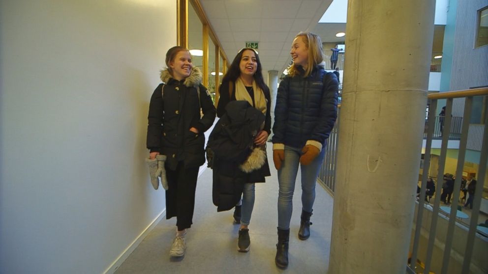 PHOTO: Taibah Abbasi with her high school friends at Thora Storm High School, Jan. 17, 2018, in Trondheim, Norway. 