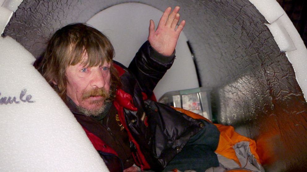 PHOTO: Homeless people in Paris are experimenting with a new type of waterproof shelter that remains hot in freezing temperatures. A homeless man named Christian, 58 years old, shown inside the igloo.