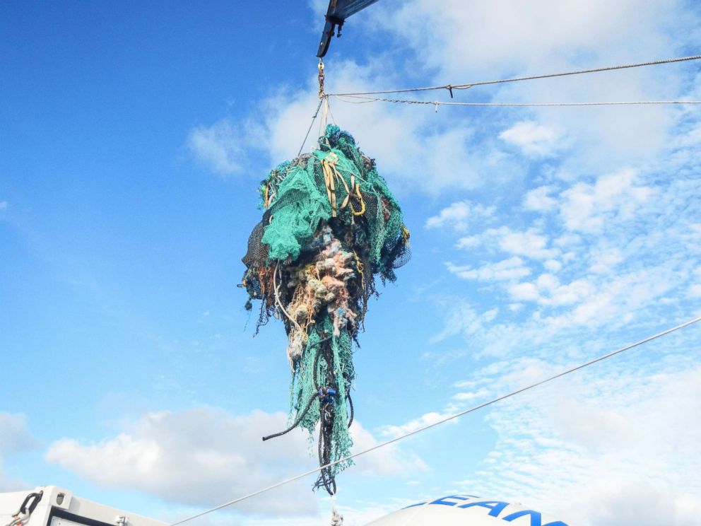 PHOTO: A photo made available by The Ocean Cleanup on March 23, 2018 shows abandoned nets and other plastic garbage being pulled out of the ocean at the Great Pacific Garbage Patch (GPGP), located between halfway between Hawaii and California.