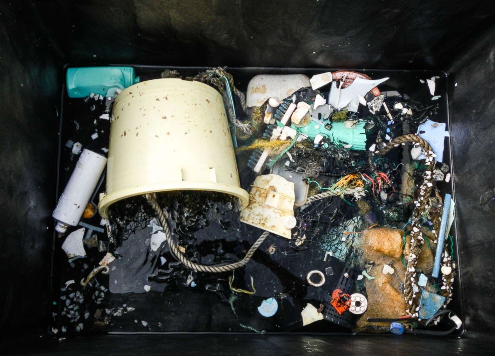 PHOTO: A garbage sample is pulled out of the ocean at the Great Pacific Garbage Patch (GPGP), located between halfway between Hawaii and California, in a photo provided by The Ocean Cleanup on March 23, 2018. 
