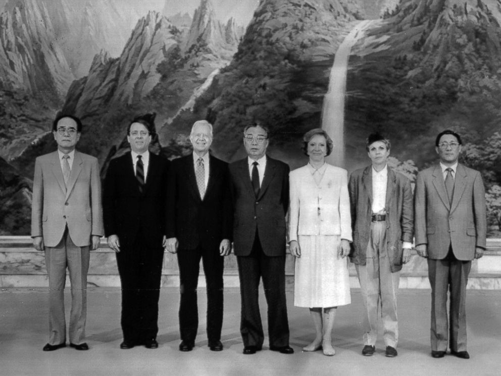 PHOTO: In this June 16, 1994 photo distributed by Korea News Service, leader Kim Il Sung takes part in a souvenir picture with former U.S. President Jimmy Carter and his wife Rosalynn Carter, and other members who visited North Korea.