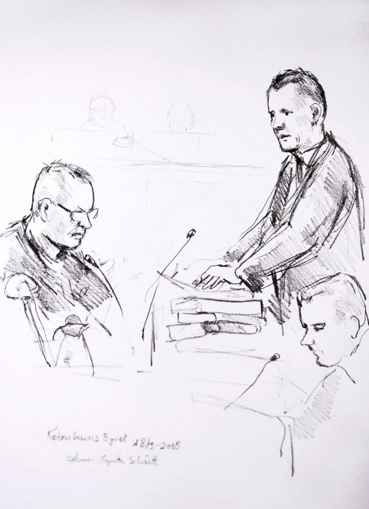 PHOTO: Court drawing by Anne Gyrite Schuett made available by Danish news agency Ritzau SCANPIX shows accused Peter Madsen (L) and the prosecutor Jakob Buch-Jepsen (standing) on the first day of the trial at the courthouse in Copenhagen, March 8, 2018. 
