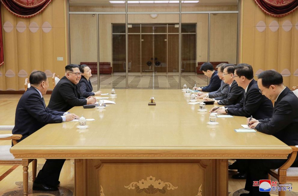 PHOTO: North Korean leader Kim Jong Un, second left, meets members of South Korean delegation headed by National Security Director Chung Eui-yong, in Pyongyang, North Korea, March 5, 2018. 