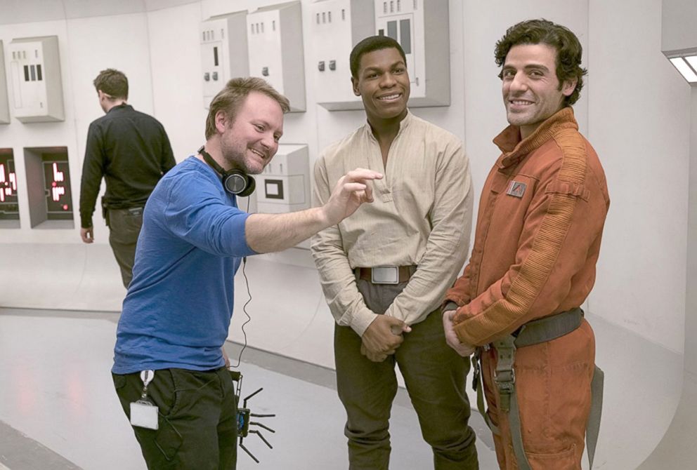 PHOTO: Director Rian Johnson with Oscar Isaac and John Boyega on the set of Star Wars: Episode VIII - The Last Jedi, 2017.