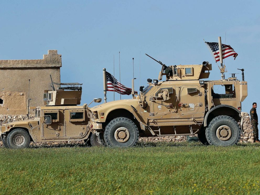 PHOTO: A U.S. humvee is pictured at a U.S. troops outpost on a road leading to the tense front line between Syrian Manbij Military Council fighters and Turkish-backed fighters, March 29, 2018, at Halawanji village, north of Manbij town, Syria