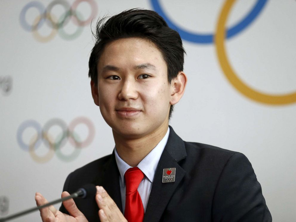 PHOTO: Denis Ten of Kazakhstan, bronze medalist in mens singles figure skating of the 2014 Winter Olympics in Sochi, attends a news conference in Lausanne, Switzerland, June 9, 2015. 