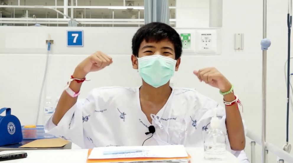 This image made from a video taken on July 13, 2018 and released by Chiang Rai Prachanukroh Hospital, shows Ekarat Wongsookchan, one of the 12 boys rescued from the flooded cave, in their hospital room at Chiang Rai Prachanukroh Hospital.