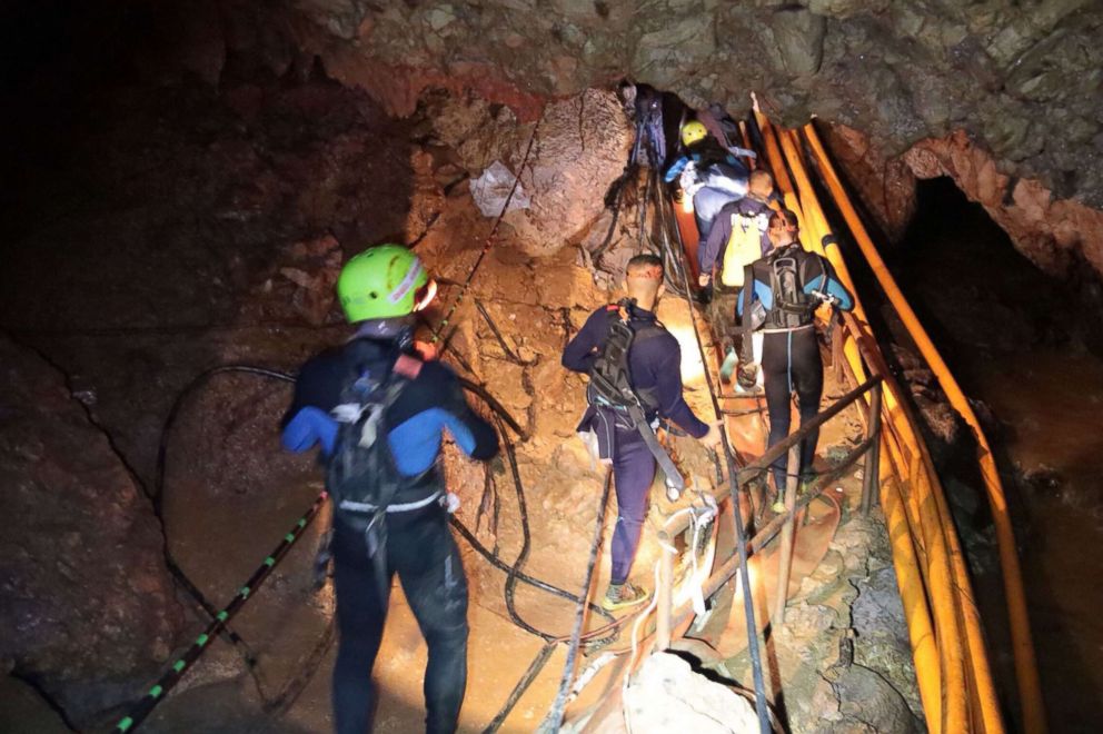 PHOTO: Thai Navy divers in Tham Long cave during rescue operations for the 12 boys and their football team coach trapped in the cave at Khun Nam Nang Non Forest Park in the Mae Sai district of Chiang Rai province.