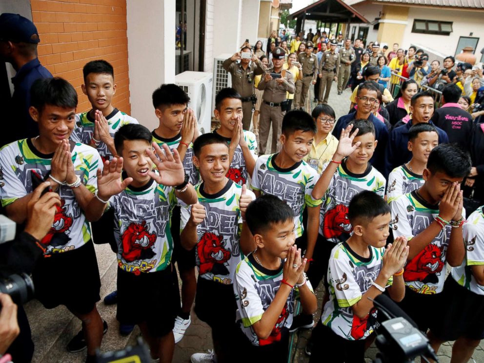 PHOTO: The 12 boys and their soccer coach who were rescued from a flooded cave arrive for a news conference in the northern province of Chiang Rai, Thailand, July 18, 2018.